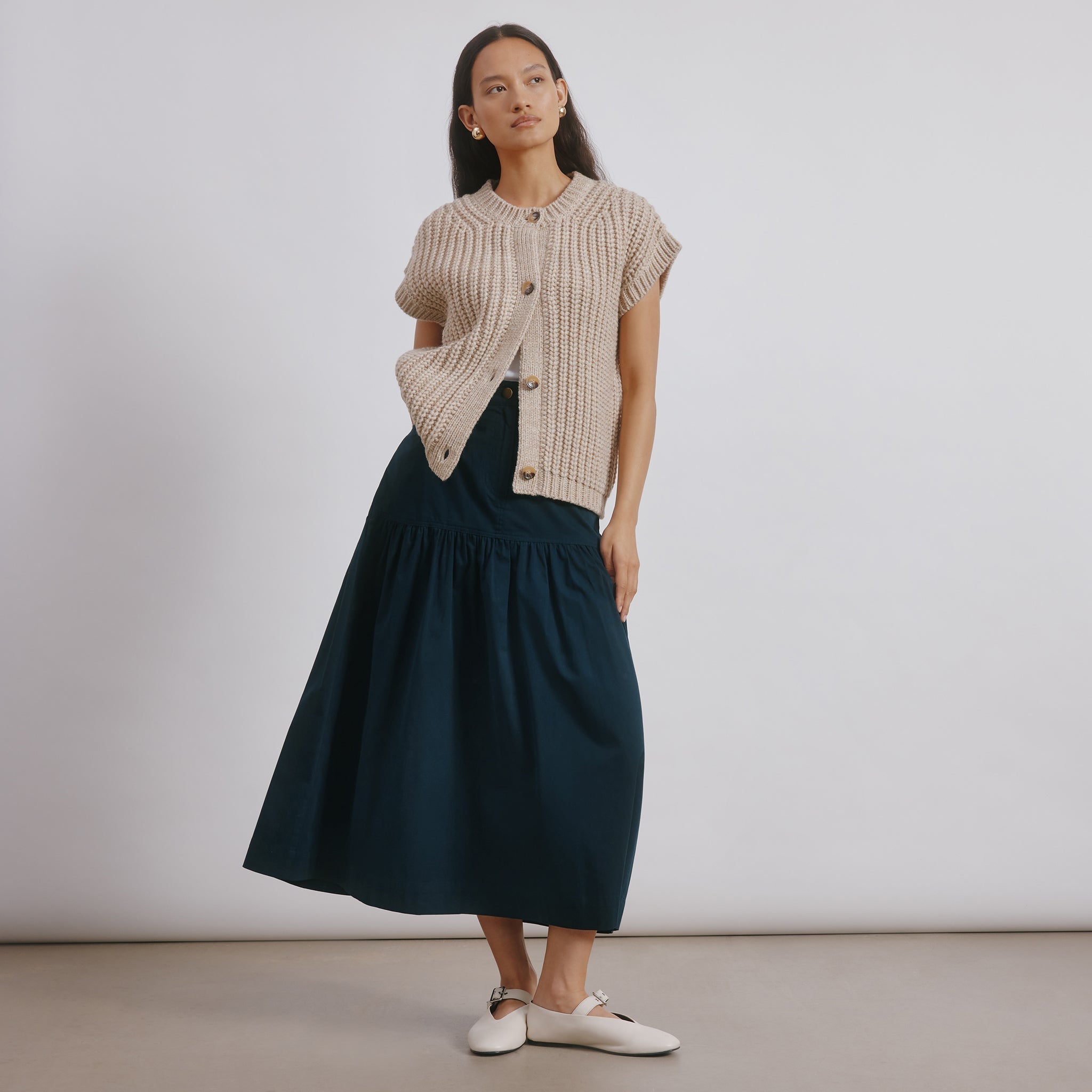 Navy Drop Waist Twill Skirt