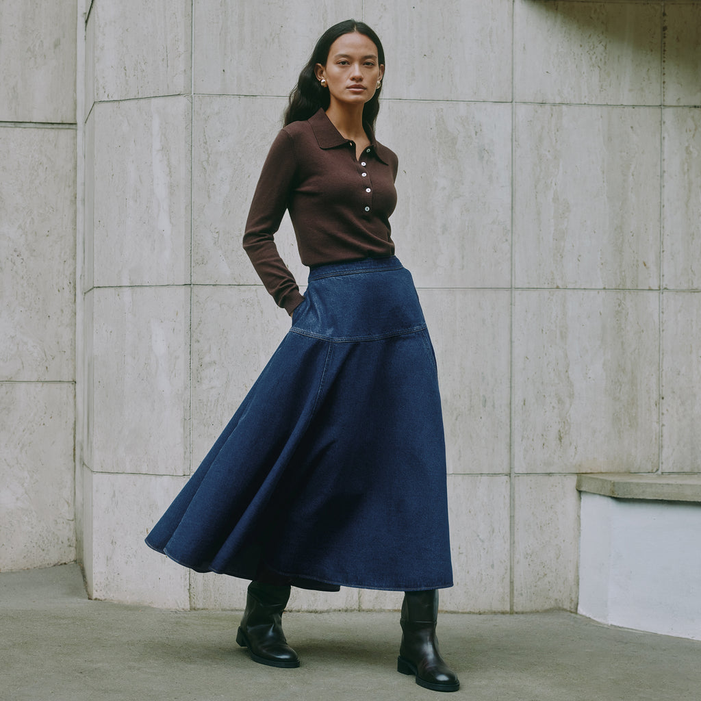 Denim Basque Midi Skirt