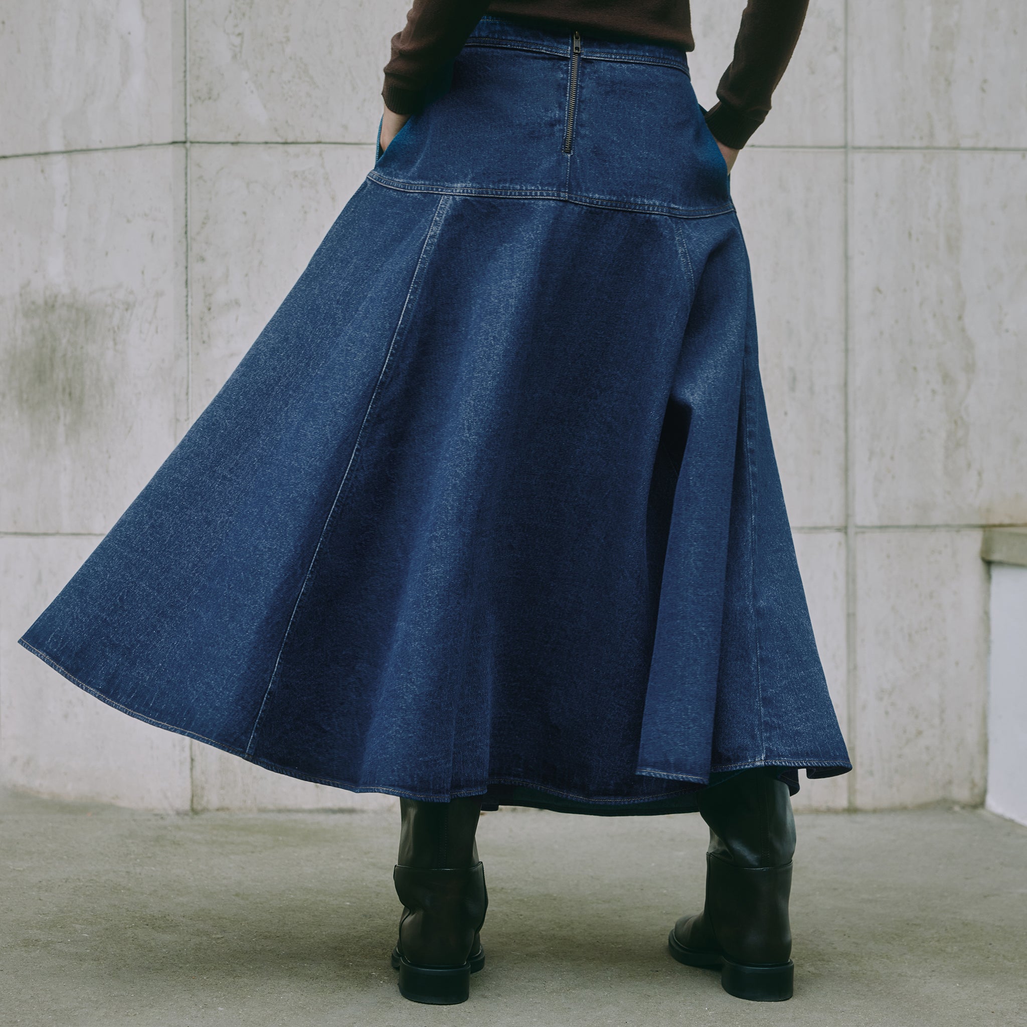 Denim Basque Midi Skirt