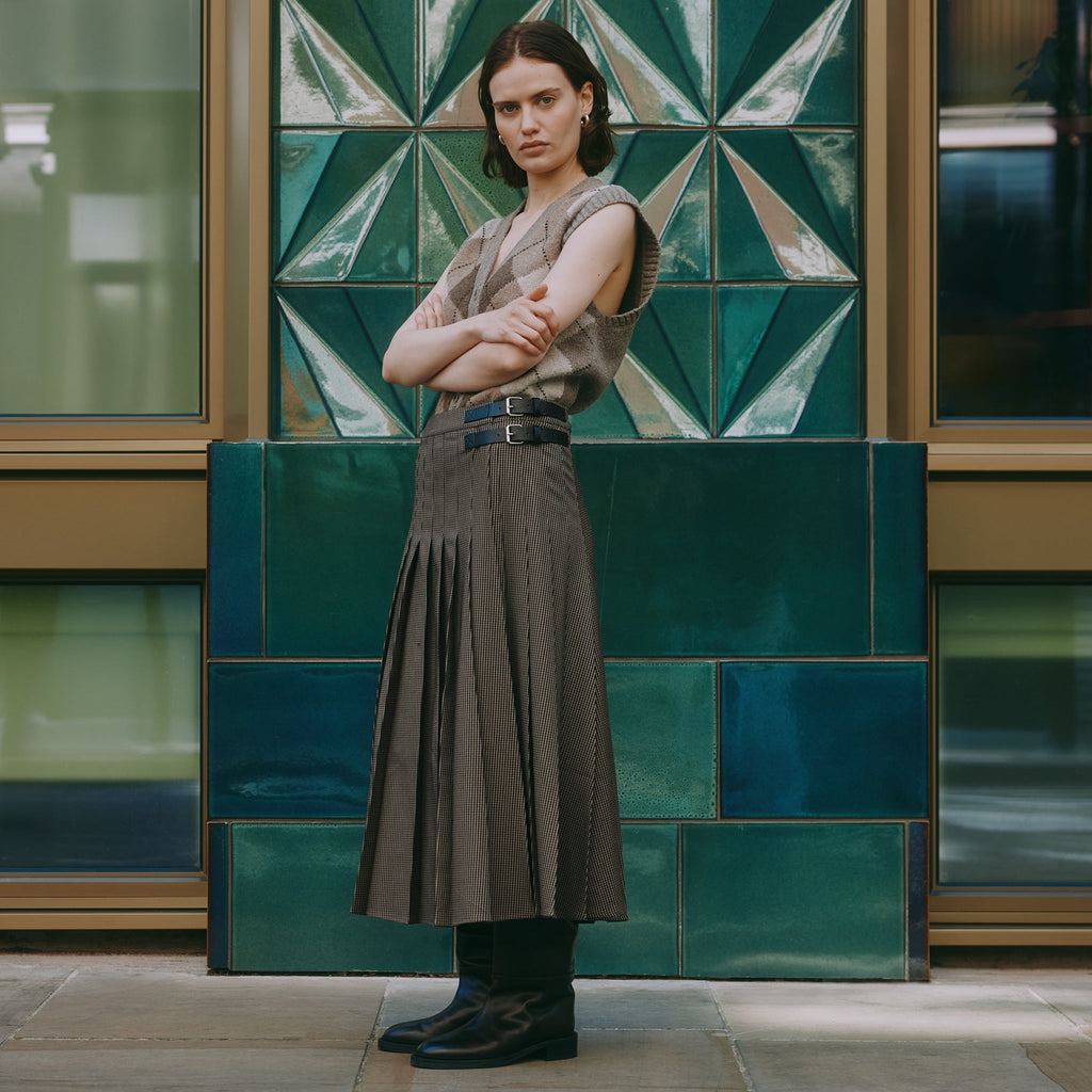 Houndstooth Pleat Midi Skirt