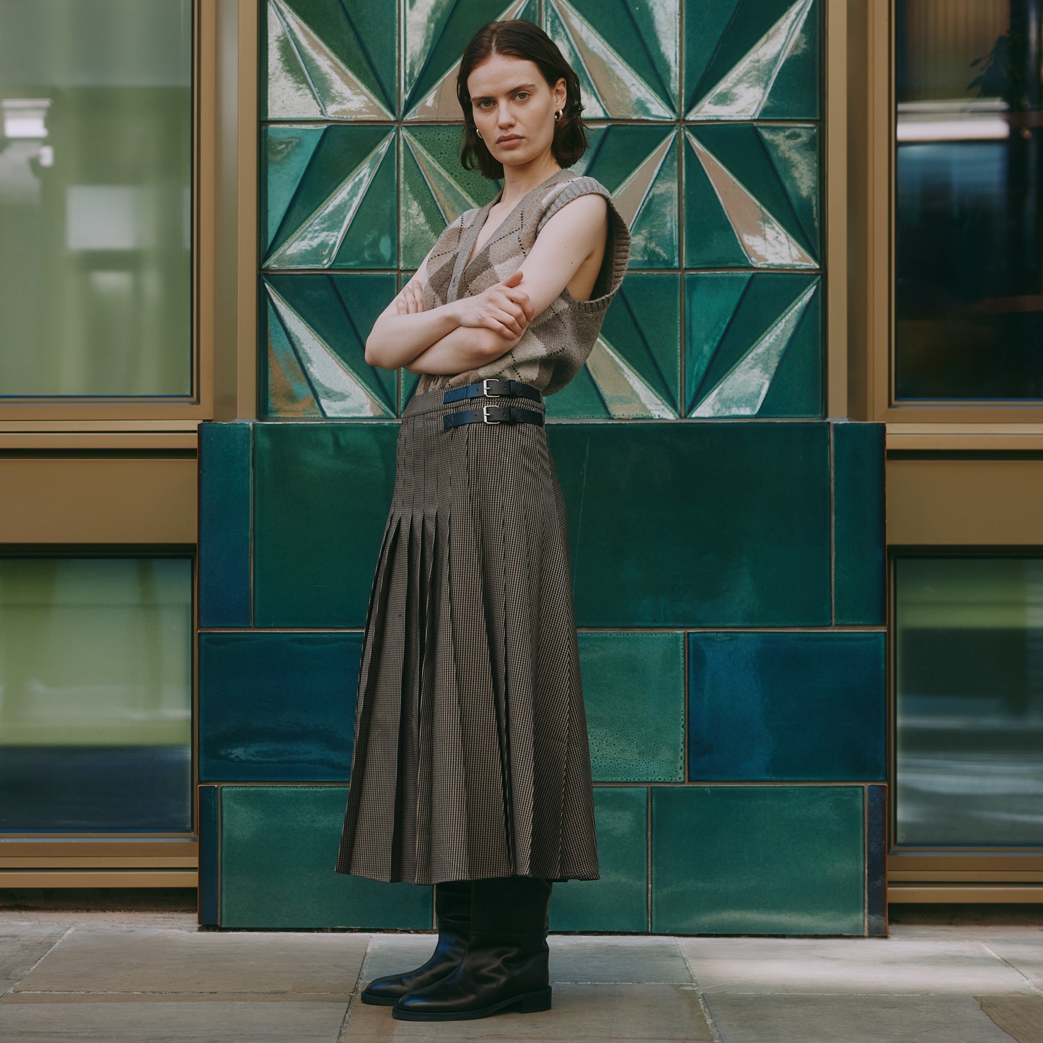 Houndstooth Pleat Midi Skirt