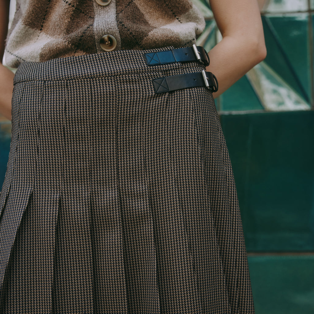 Houndstooth Pleat Midi Skirt