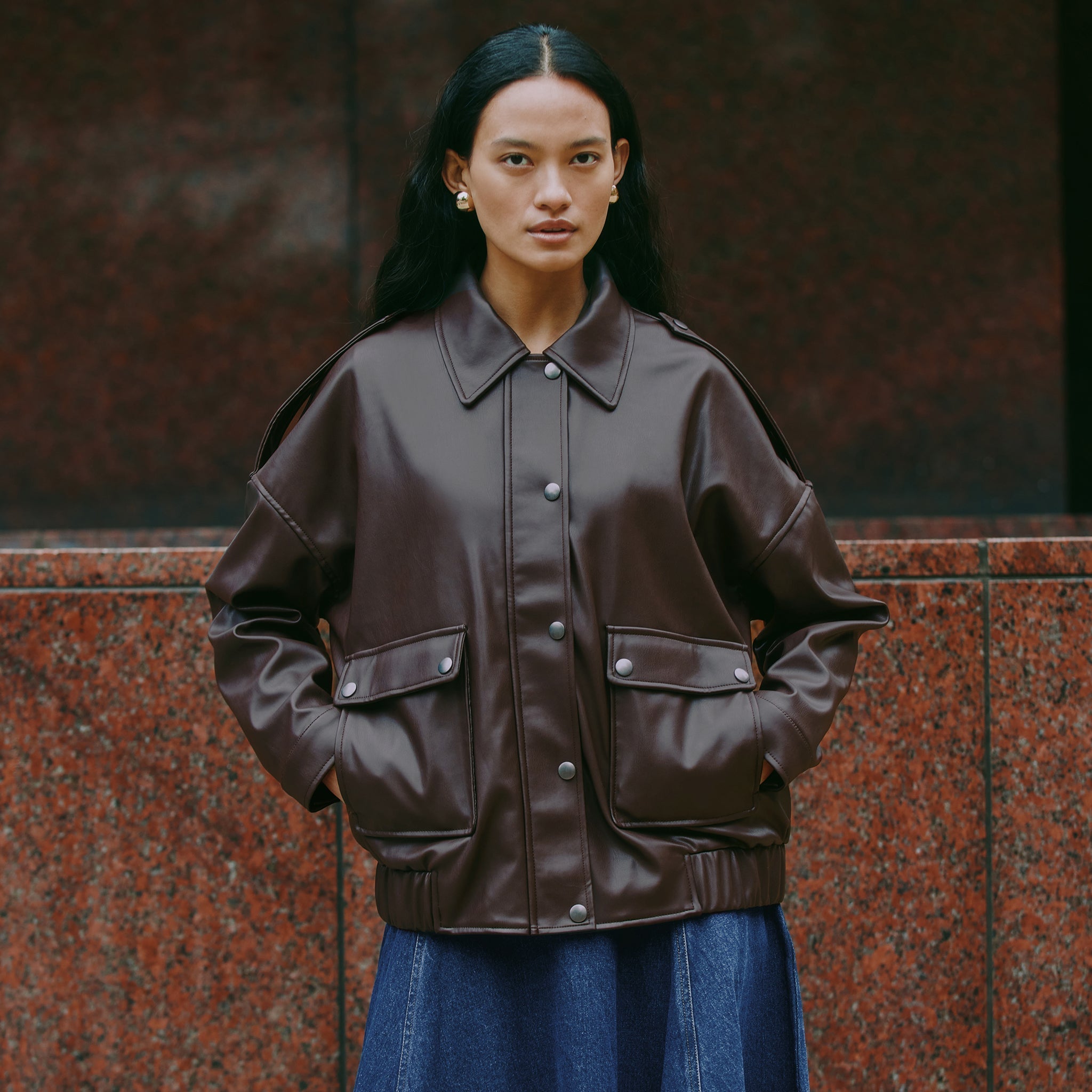 Chocolate Faux Leather Bomber