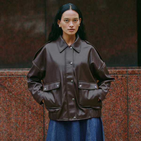 Chocolate Faux Leather Bomber