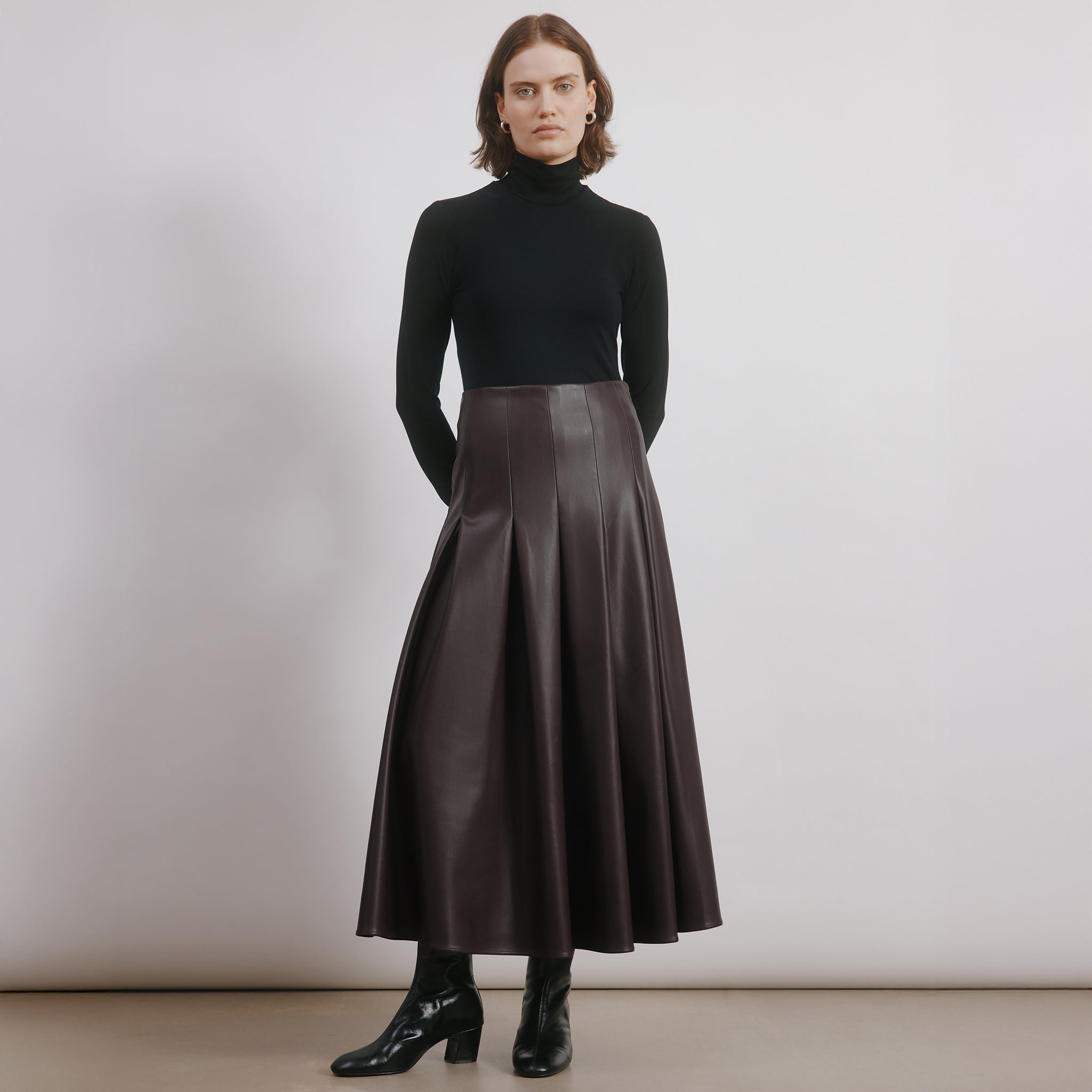 Faux Leather Pleat Midi Skirt