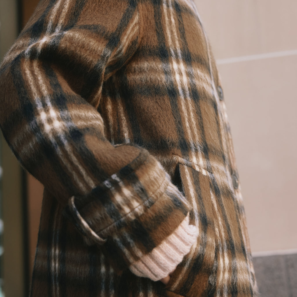 Check Funnel Neck Coat