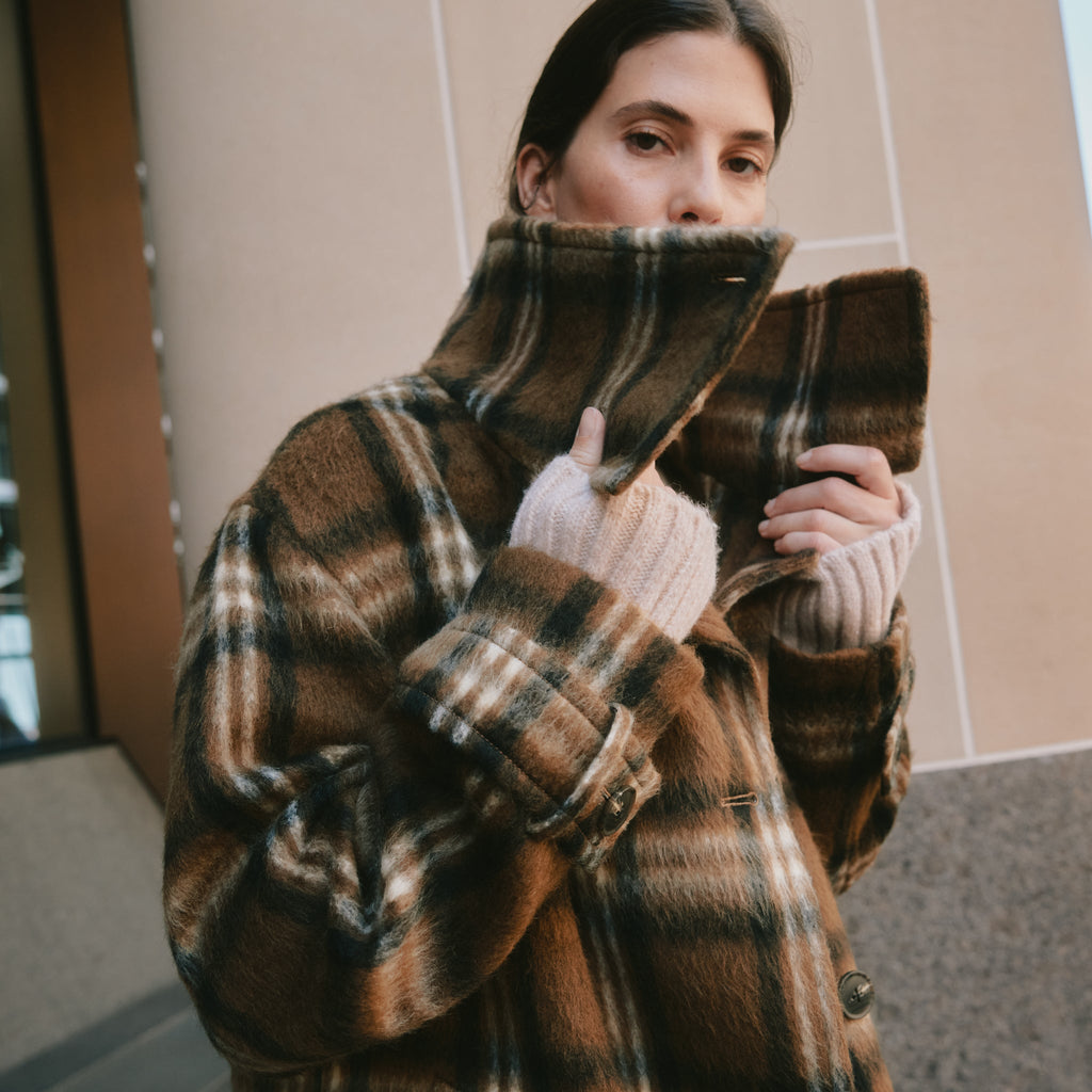 Check Funnel Neck Coat