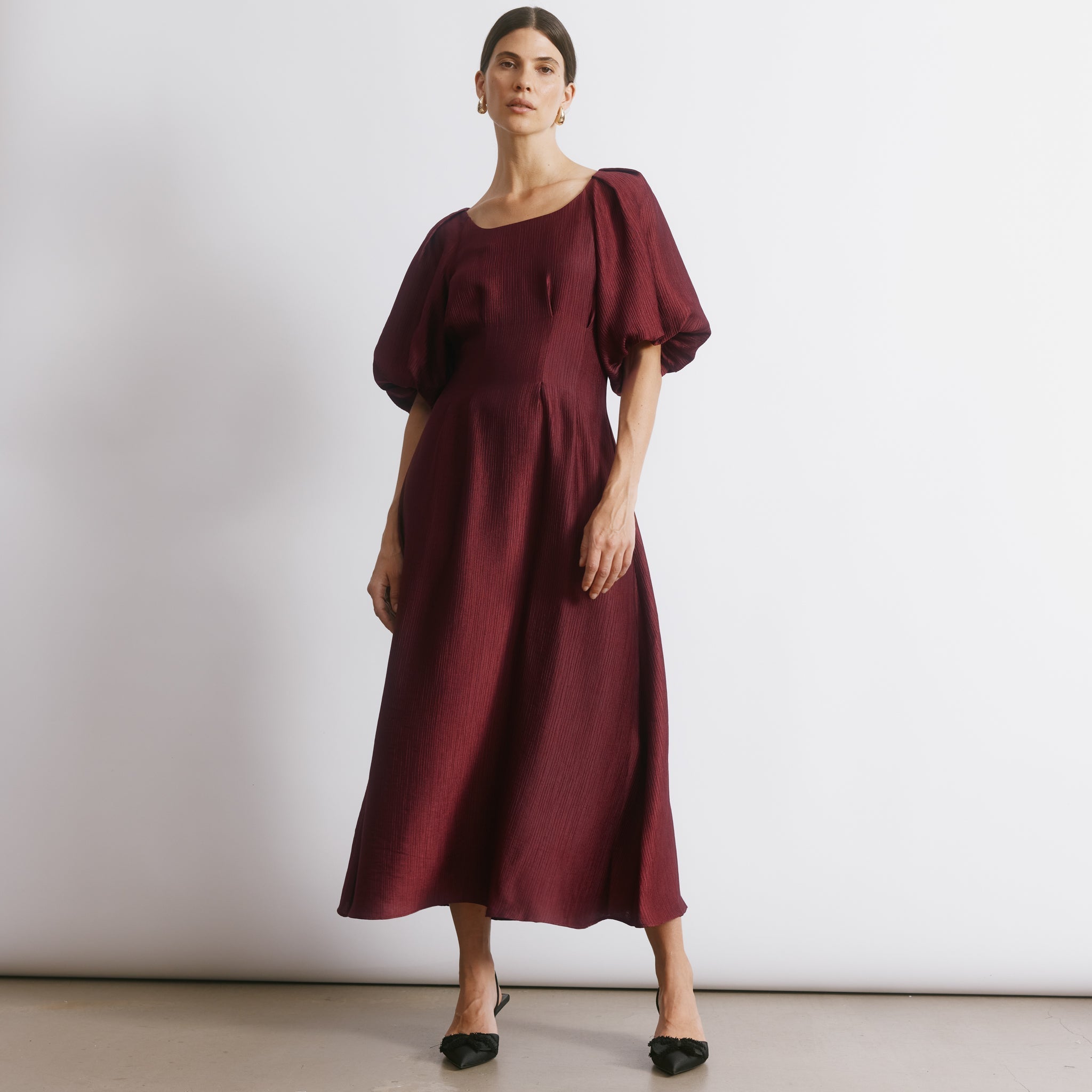 Burgundy Crinkle Satin Midi Dress