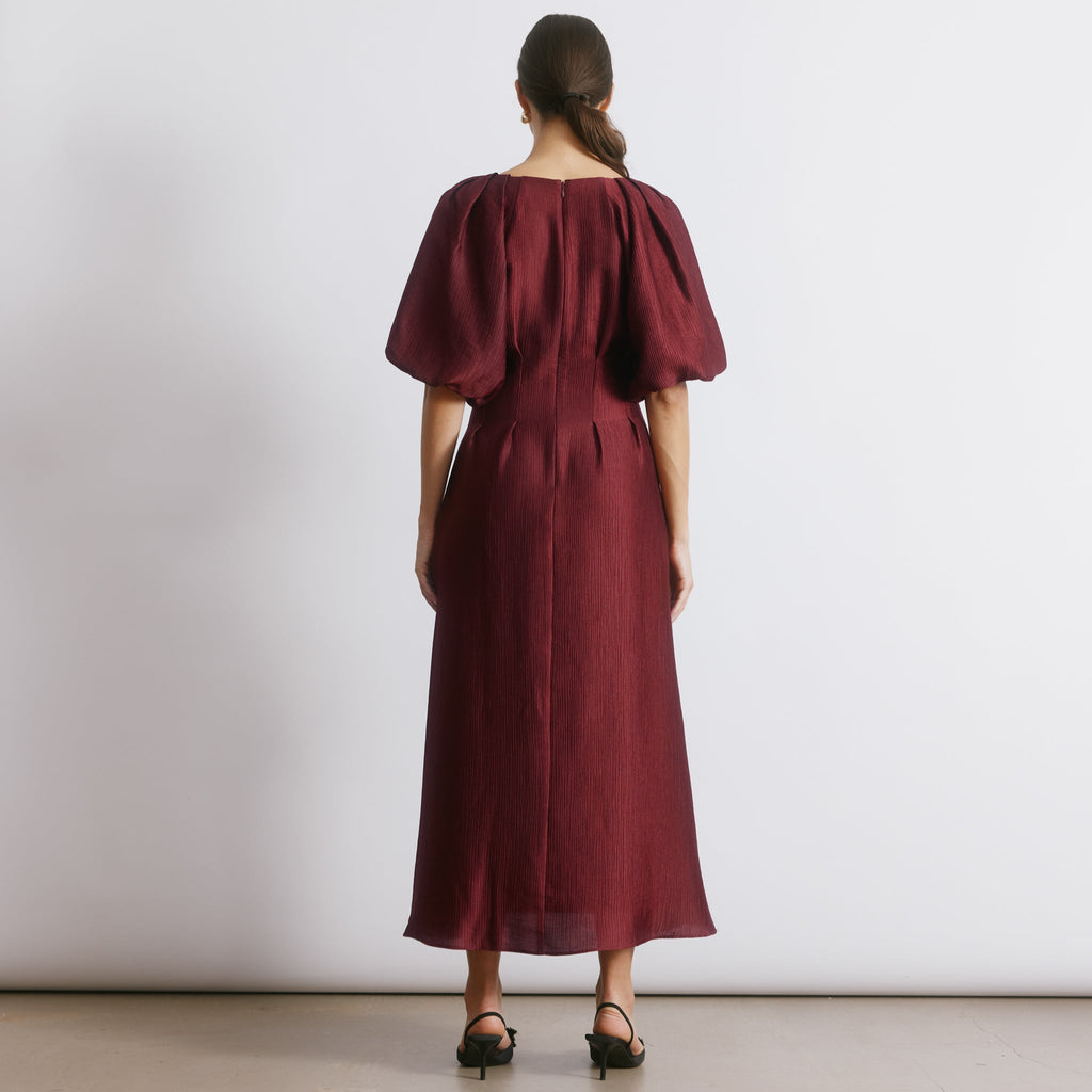 Burgundy Crinkle Satin Midi Dress