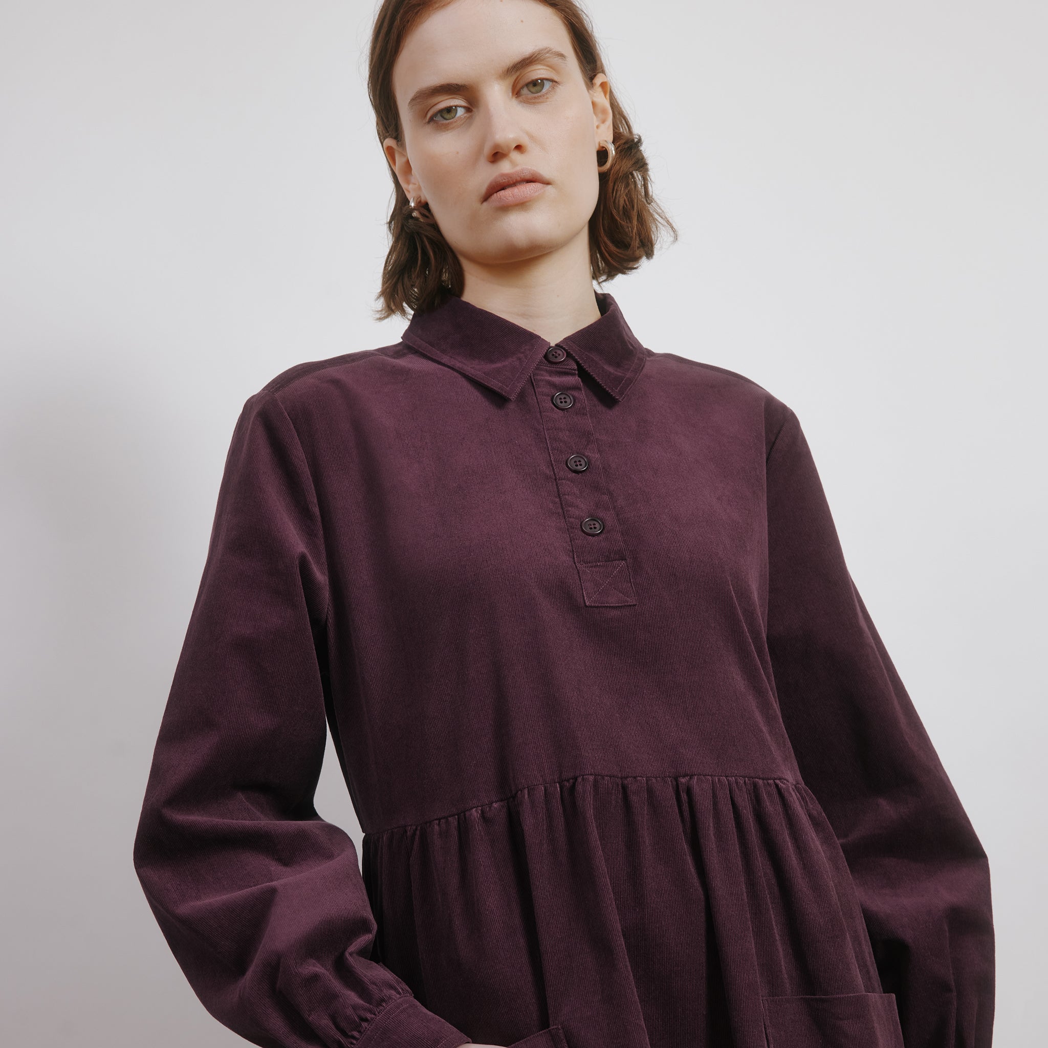 Burgundy Cord Placket Midi Dress