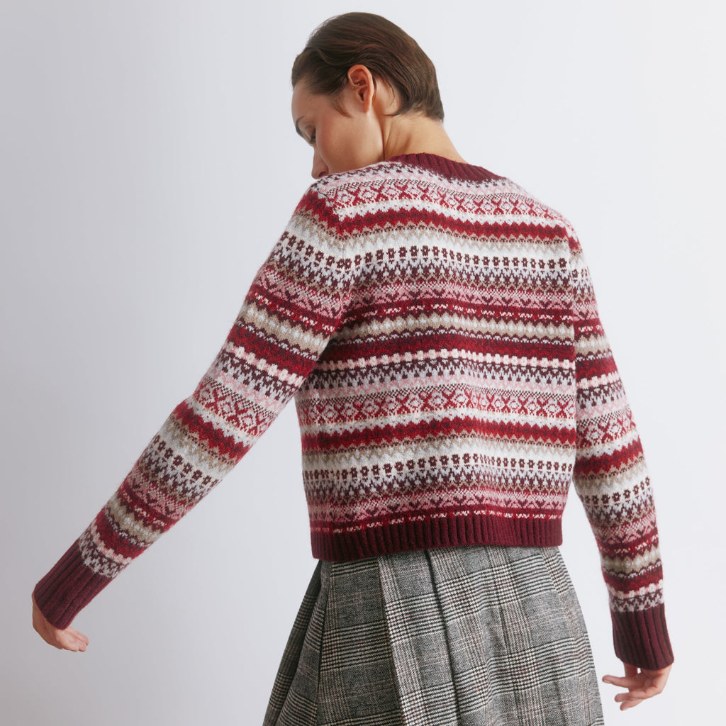 Burgundy Fair Isle Cropped Cardigan