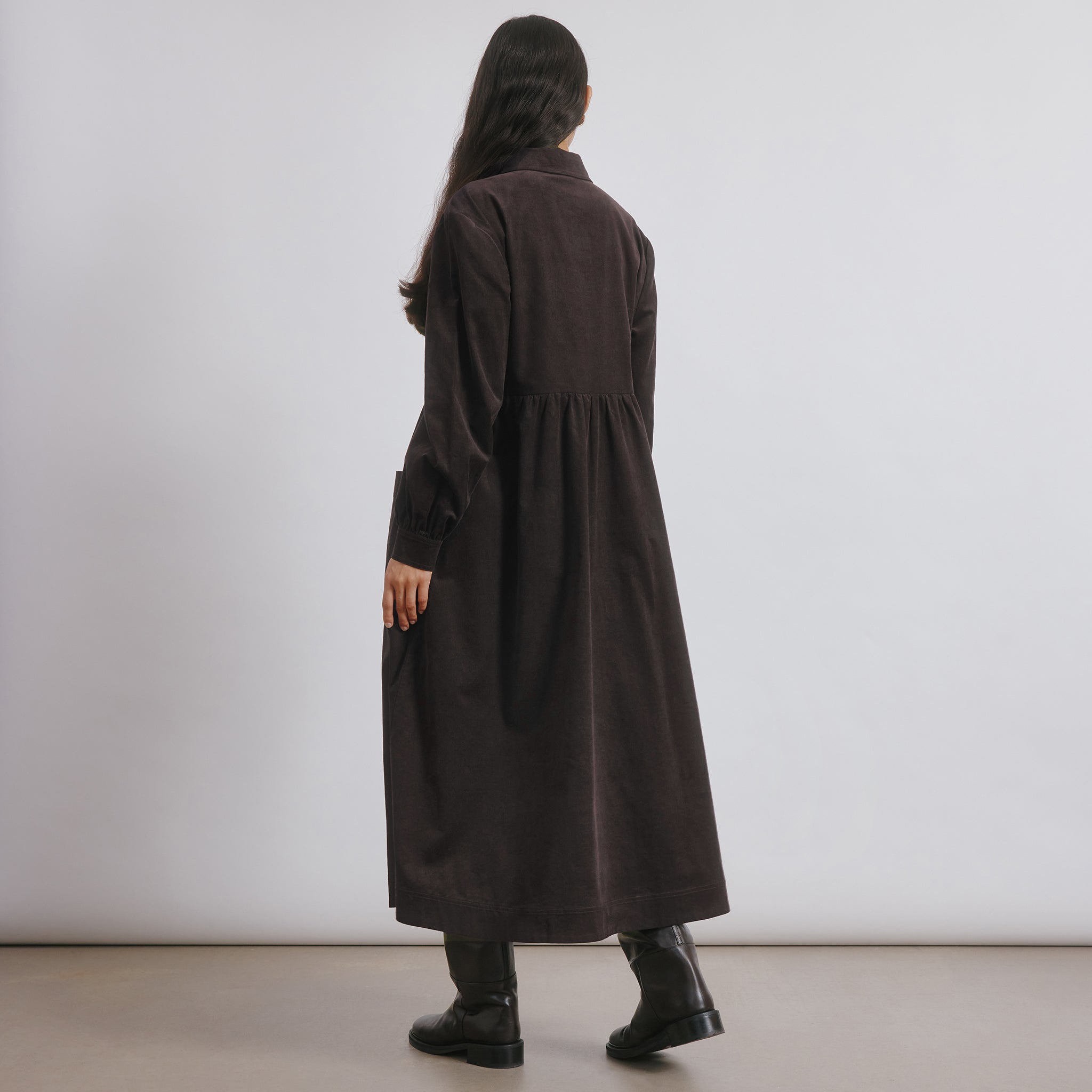 Brown Cord Placket Midi Dress