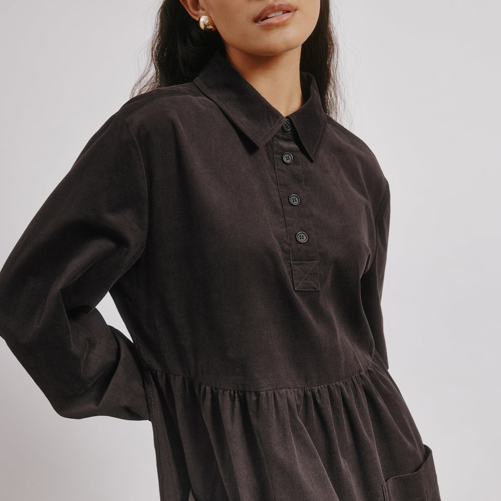 Brown Cord Placket Midi Dress