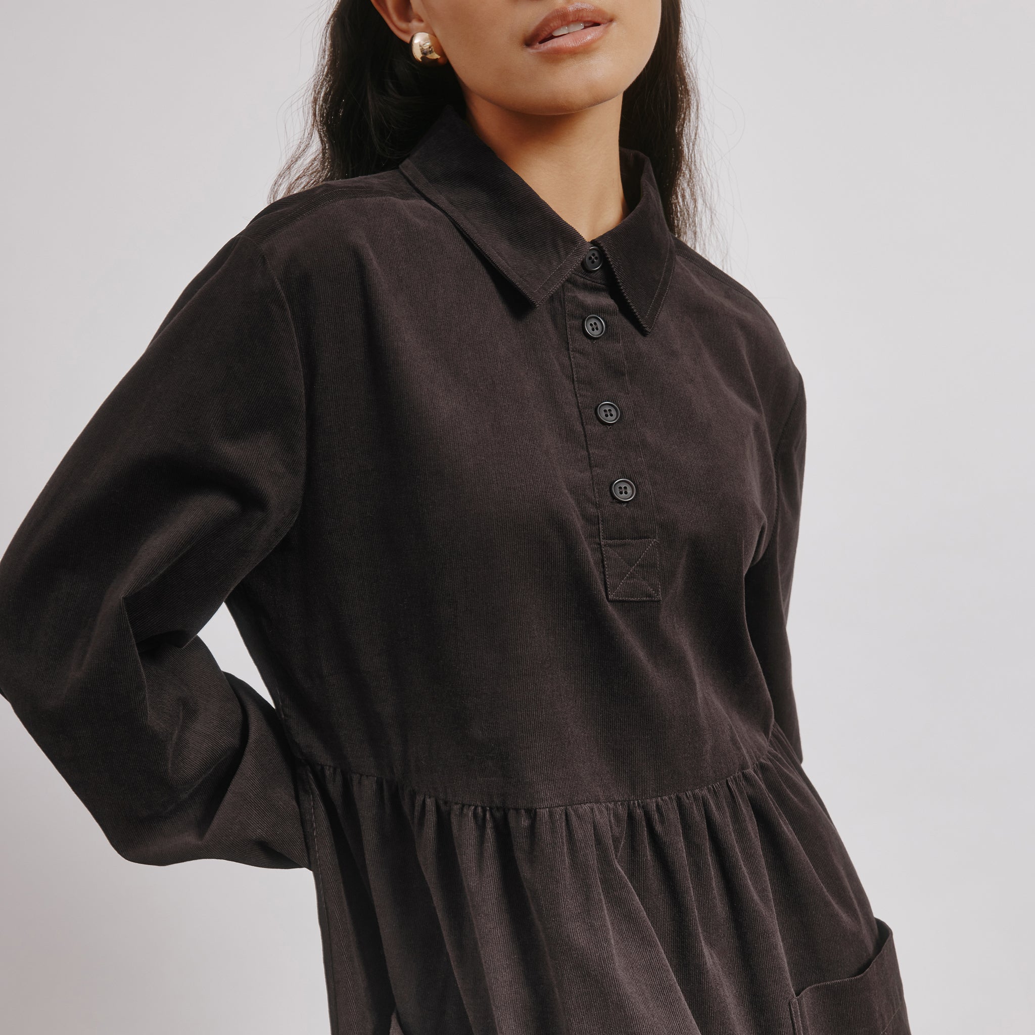 Brown Cord Placket Midi Dress