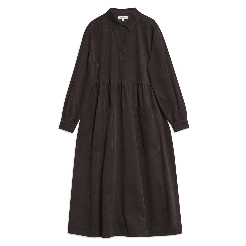 Brown Cord Placket Midi Dress