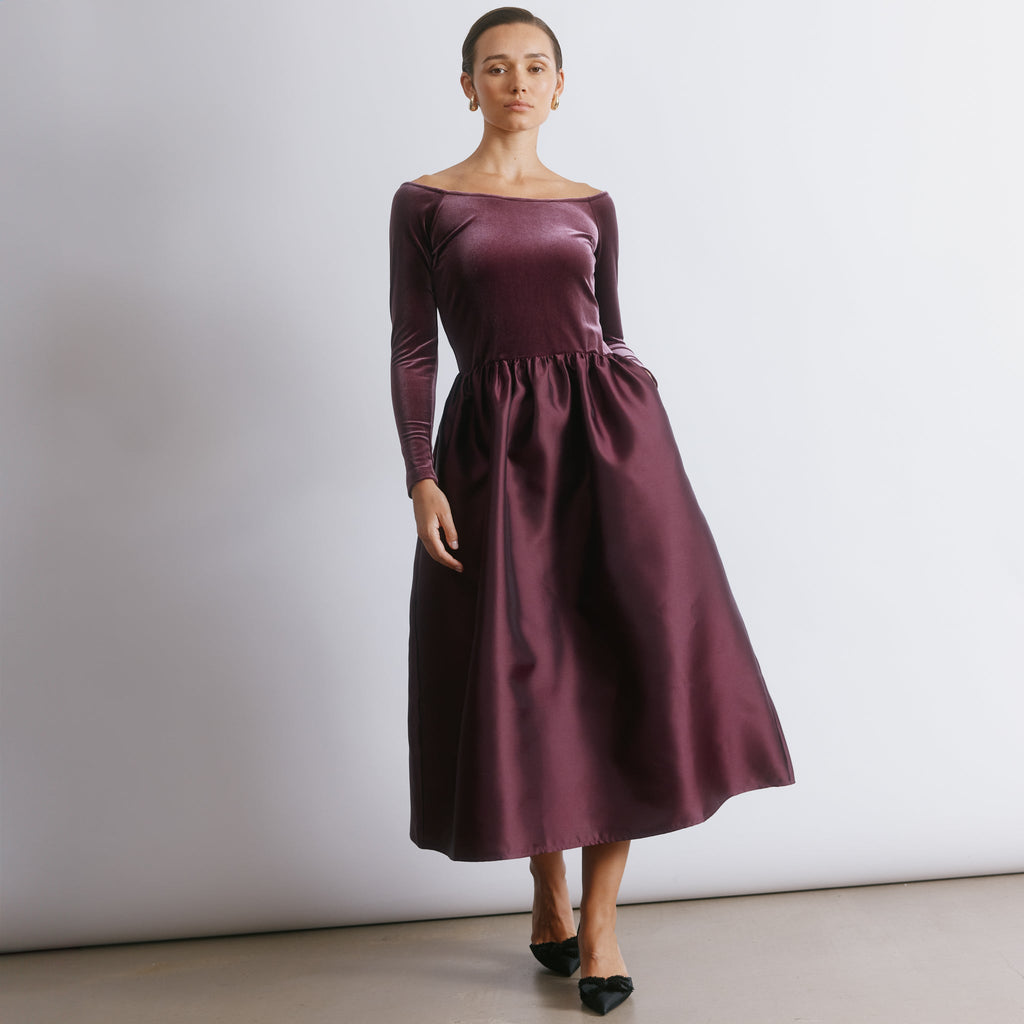 Burgundy Velvet & Taffeta Bardot Dress