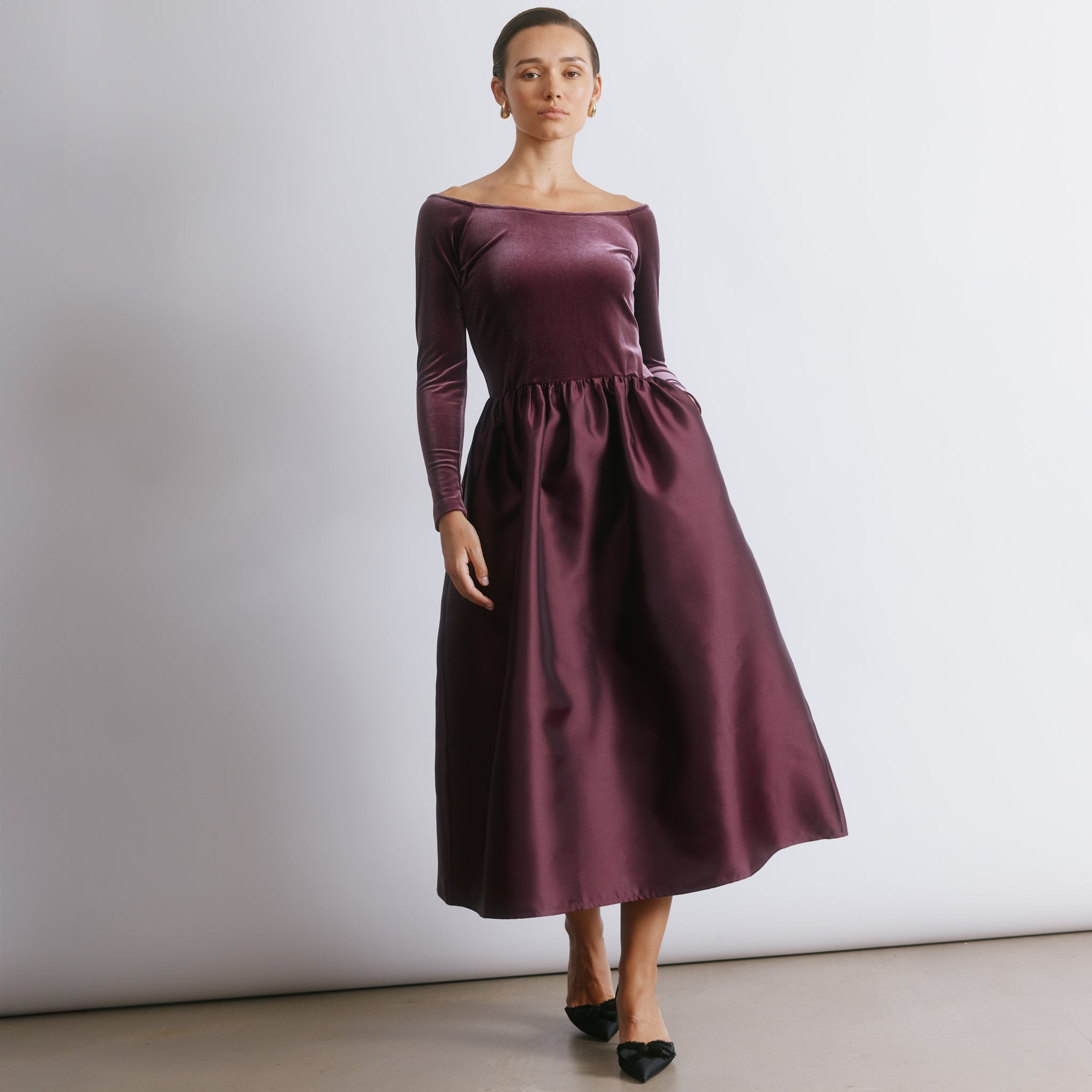 Burgundy Velvet & Taffeta Bardot Dress