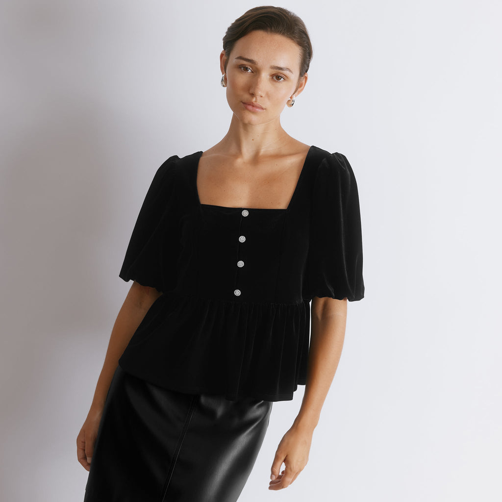 Diamante Velvet Puff Sleeve Top