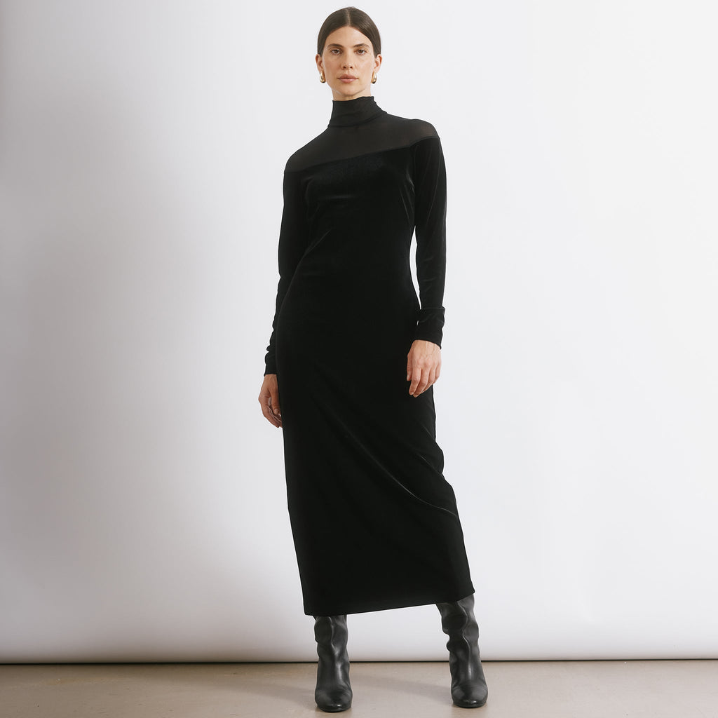 Black Mesh & Velvet Midi Dress