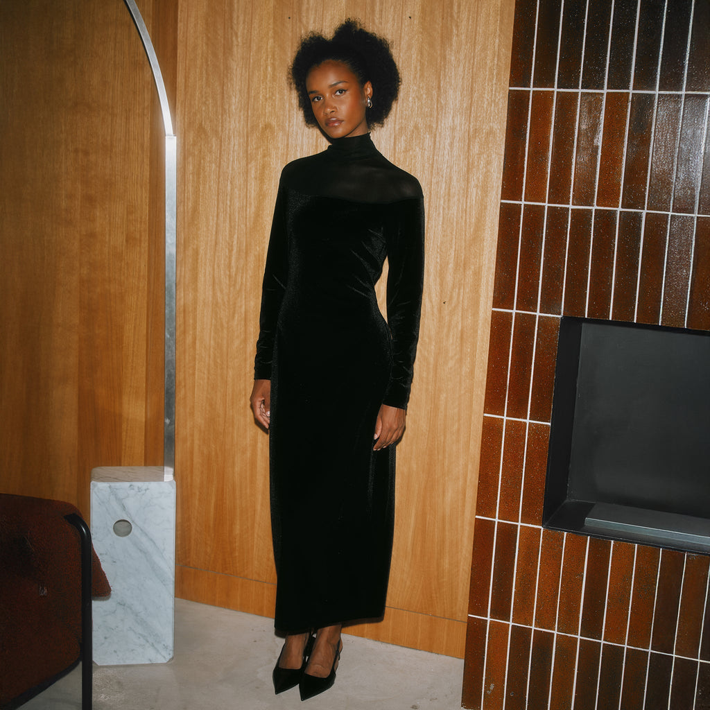 Black Mesh & Velvet Midi Dress