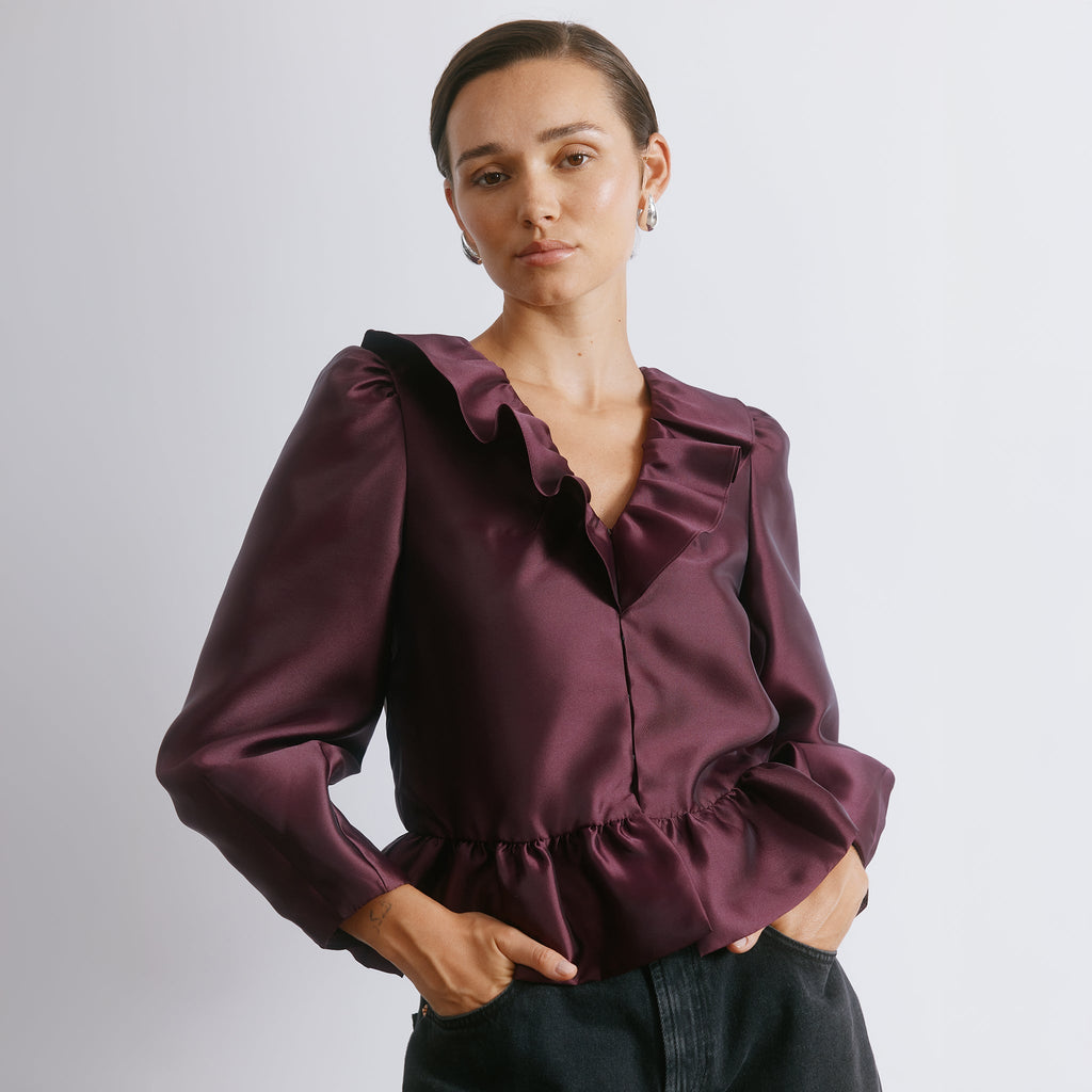 Burgundy Ruffle Taffeta Top