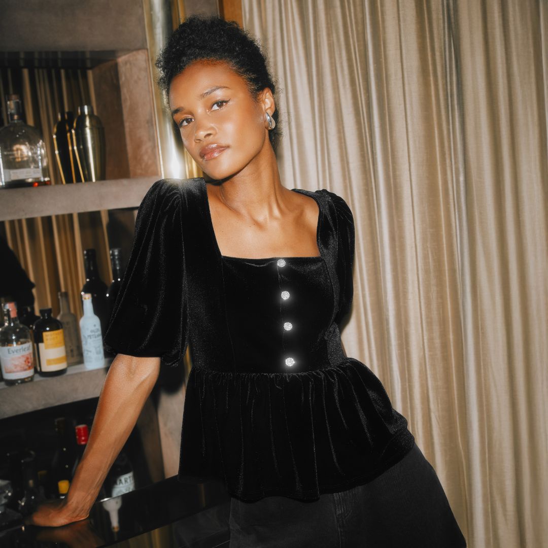 Diamante Velvet Puff Sleeve Top